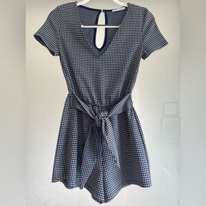 Zara Blue and White Buttoned Romper with Tie Front